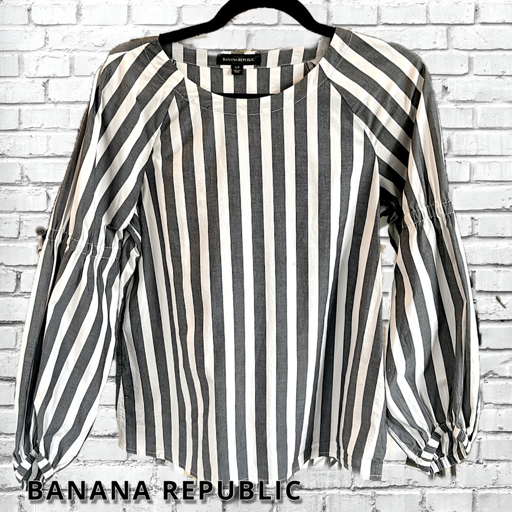 WHITE & GREY STRIPED COTTON BLOUSE FROM BANANA REPUBLIC- BALLOON SLEEVE | SMALL